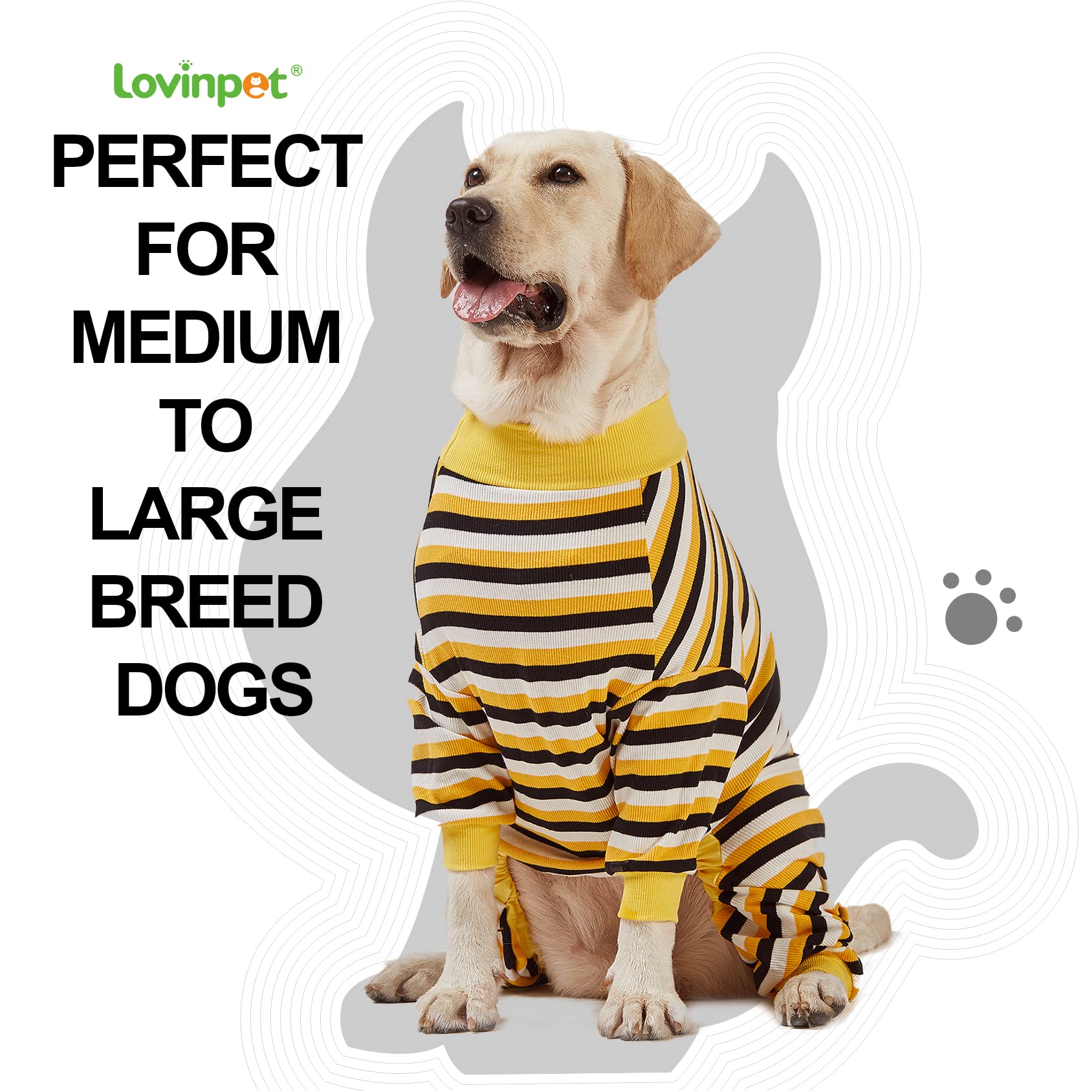 Lovinpet Big Dog Pajamas, Cotton Black And Yellow Stripe Dog Shirt, Full Coverage Dog Onesie, Large Breed Dog Jammies, Pet Pj'S/